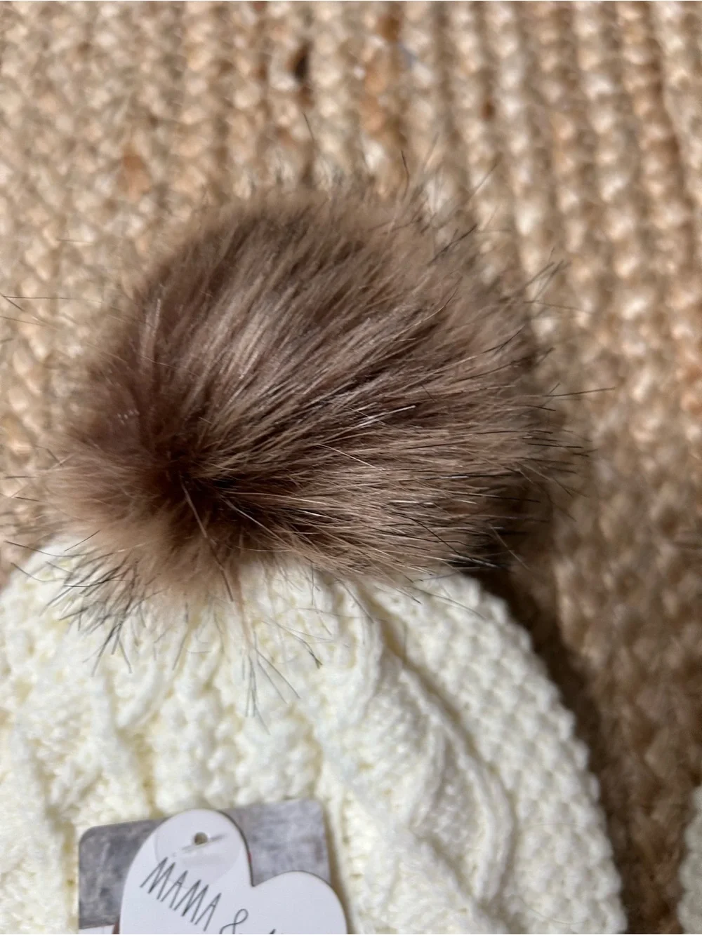 Rae Dunn Cream Cable Knit Mama & Mini Beanie Set with Brown Faux Fur Poms